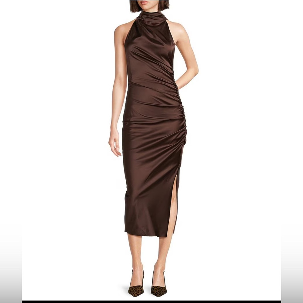 Badgley Mischka Holly Chocolate Brown Halter Rouched Midi Dress NWT size 2
